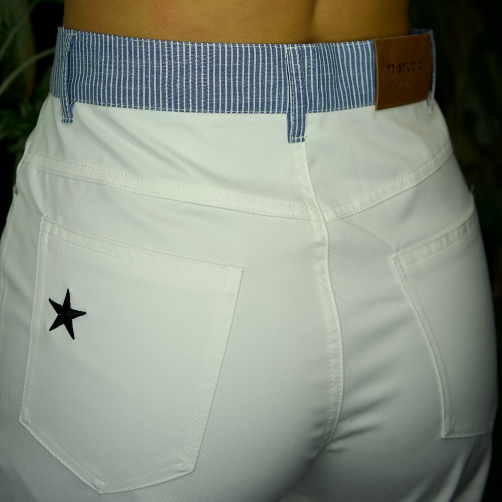 White Flare Jeans with Blue Accents